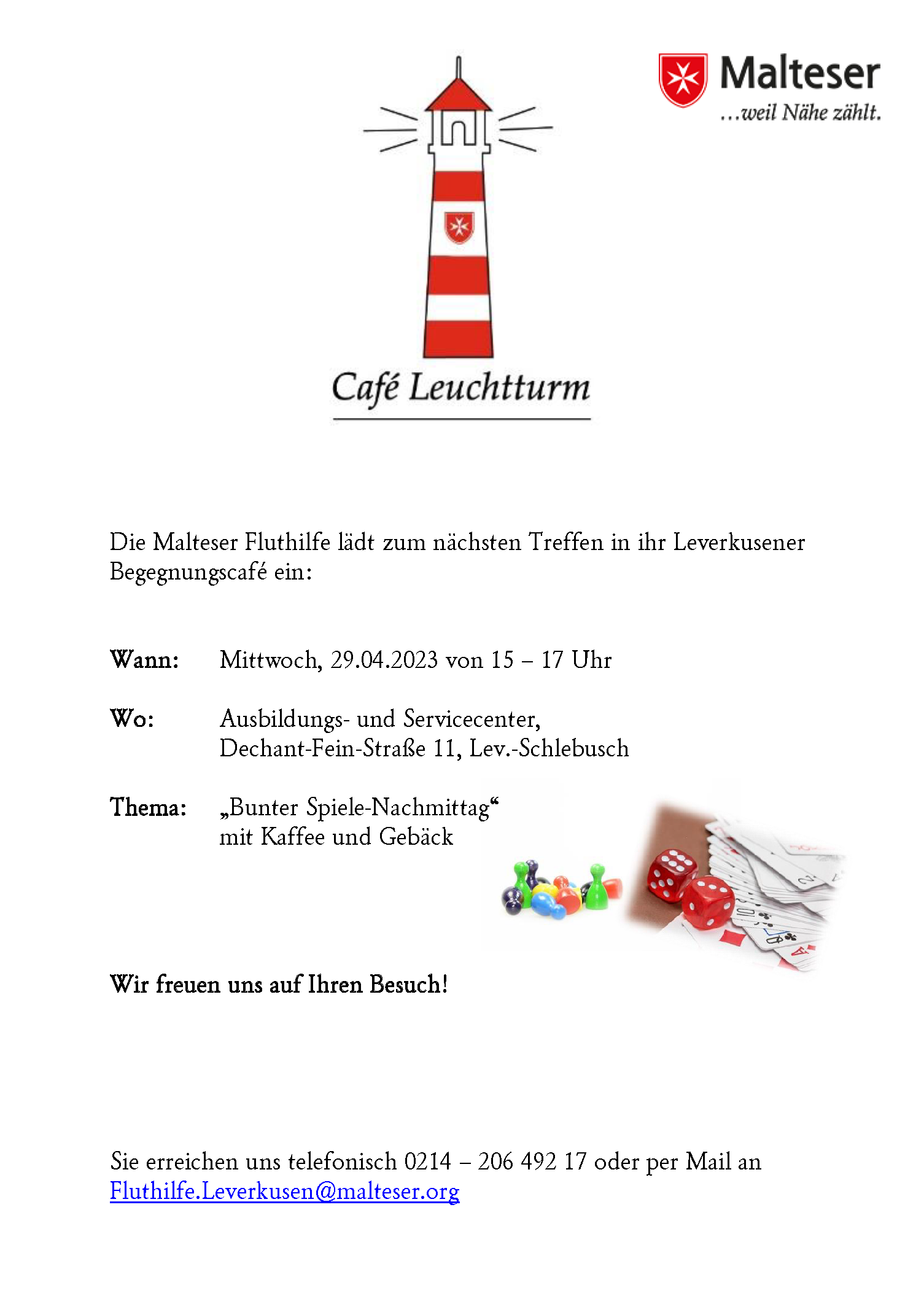 Cafe-Leuchttum-Aushang Spiele-Nachmittag April 2023 // Grafik: Malteser Leverkusen